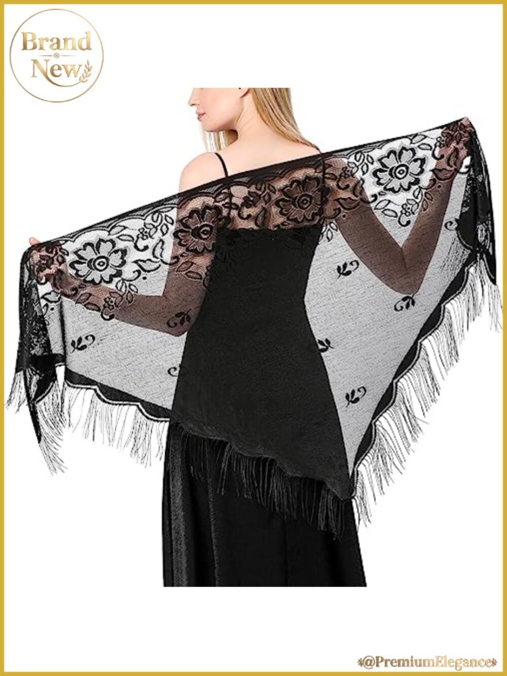 Lace Triangle Shawl with Tassels Floral Sheer Wrap for Evening